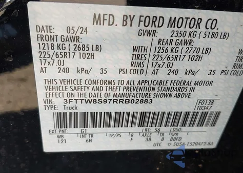 2024 Ford Maverick Lariat из США, поврежденный, VIN 3FTTW8S97RRB02883